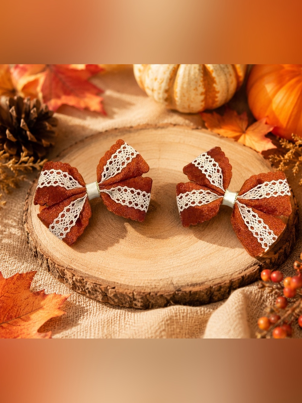 Rust Orange Lace Bow Hair Clips - Girls Accessories